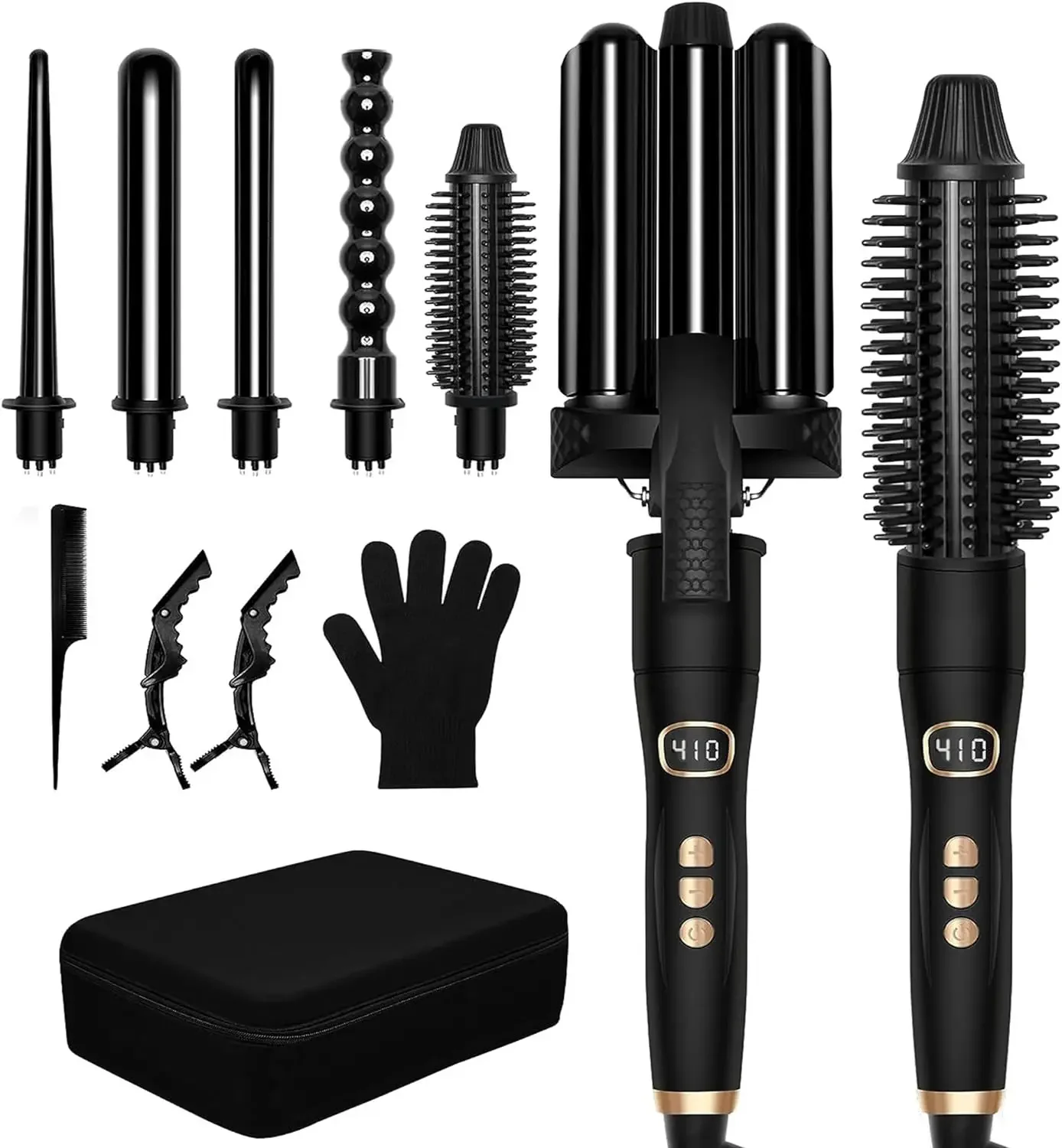 

Interchangeable 6 in 1 Curling Wand Set with Heat Up Hair Curler, Includes Bag, 3 Barrel Curling Iron, and Hair Crimper - Perfec