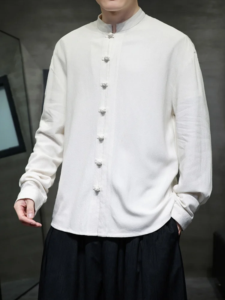 

Linseed Men's Long Sleeve Shirt Cotton Linseed Button up Thin New Chinese Style Top Retro Collar Tang Costume Spring Fashion