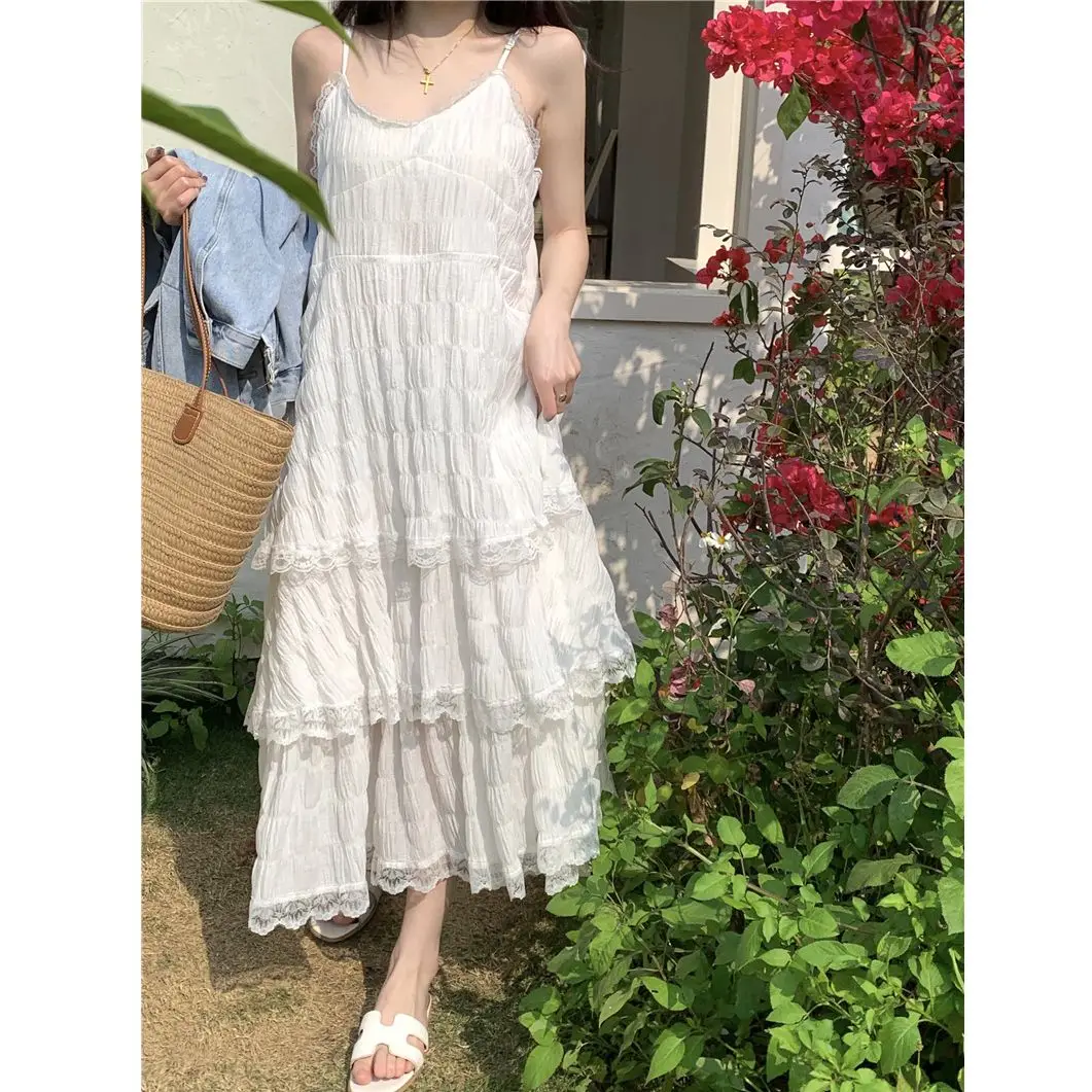 2024 New Summer Elegant White Long Dress with Lace for Women Summer French Style Women's Cake Dress Suitable for Beach Vacation