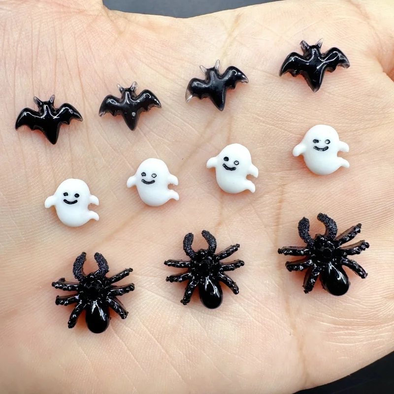 30pcs Halloween Nail Decorations Supplies Black Bat Spider Autumn Nail Art Accessories Dark Flatback Resin Nail Charms Gems DIY