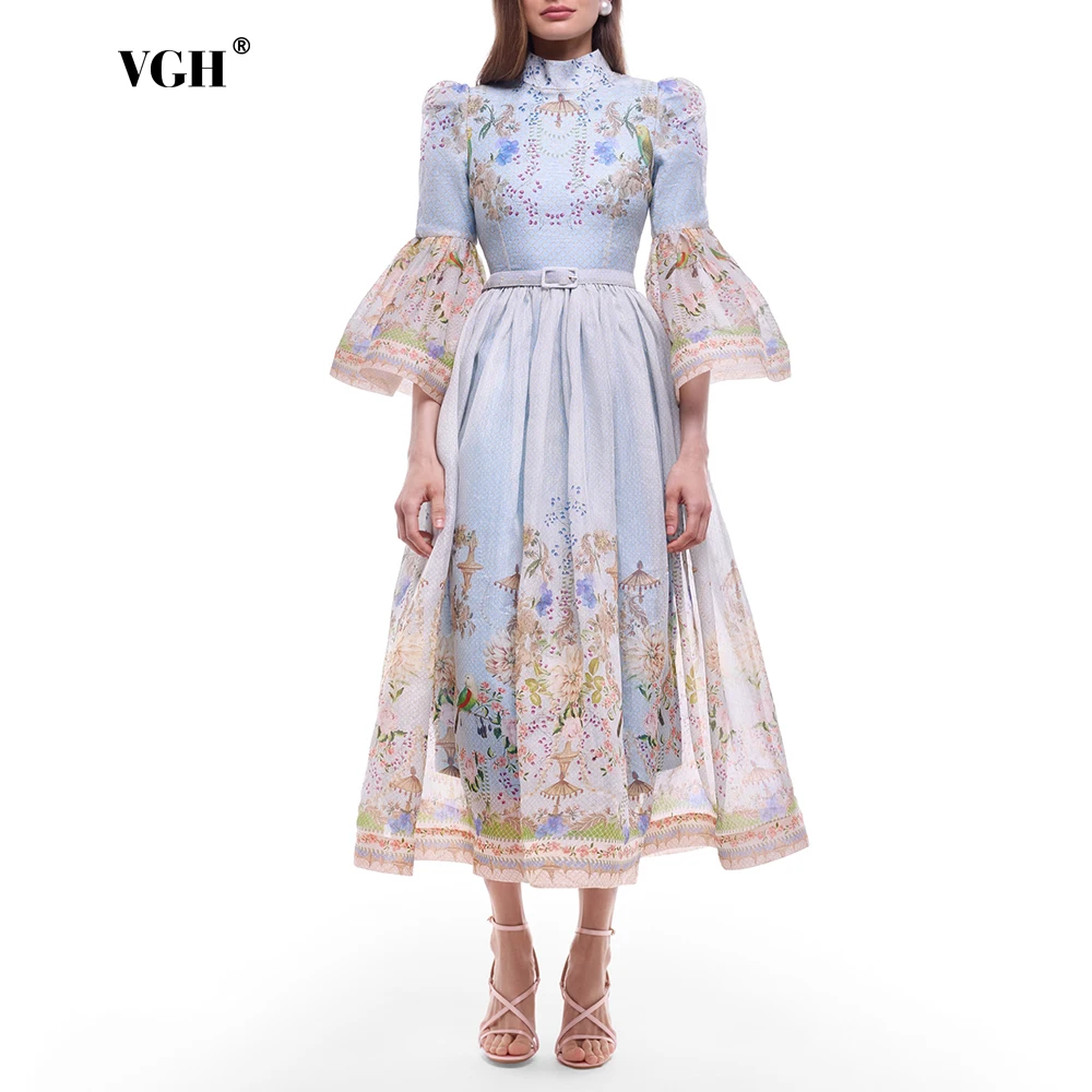 VGH Blue Retro Romantic Floral Print Swing Dress for Women Stand Collar Flare Sleeve Waist Tie Design Mid Skirt for Travel Shoot