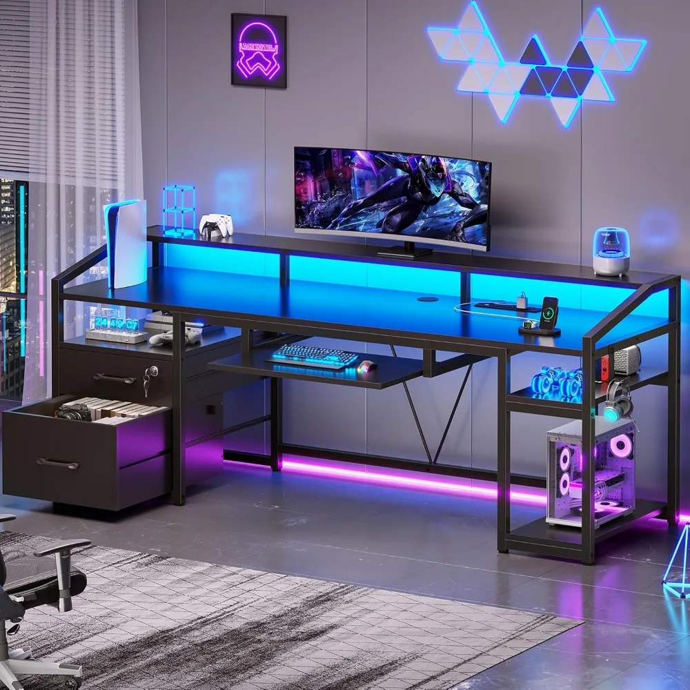 63 Computer Desk, Office Desk with Lockable Drawers for Legal/Letter File, Gaming Desk with LED Lights & Power Outlet, Ho
