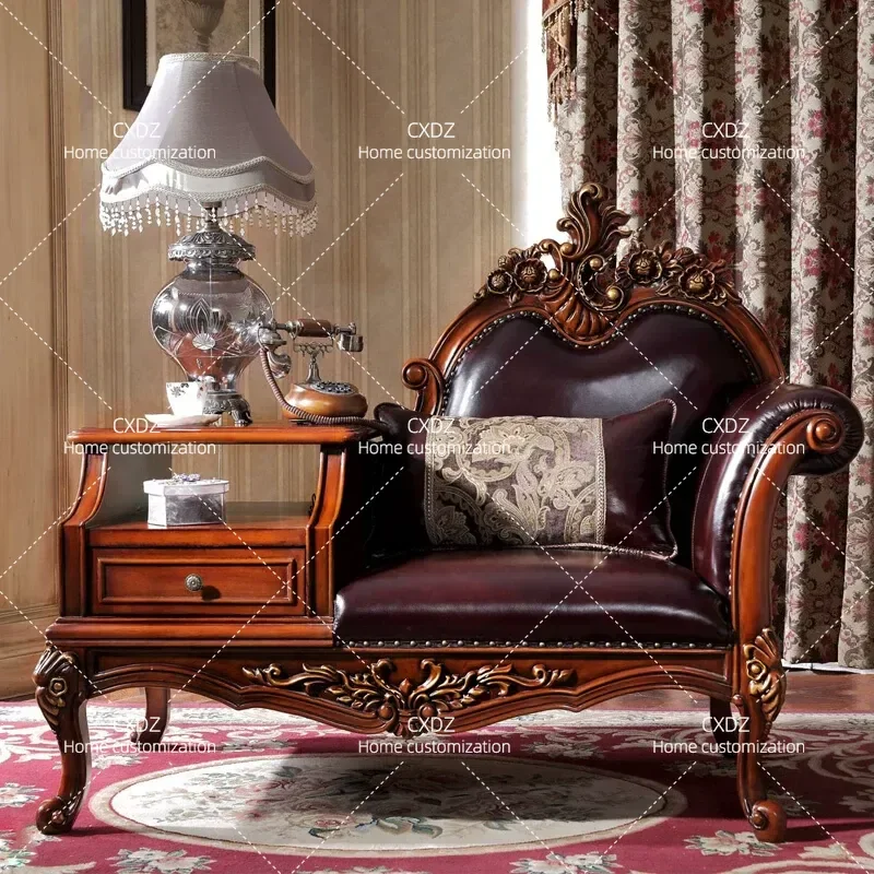 American Solid Wood Telephone Chair European Leather Lazy Recliner Beauty Couch Single Sofa for Bedroom Balcony