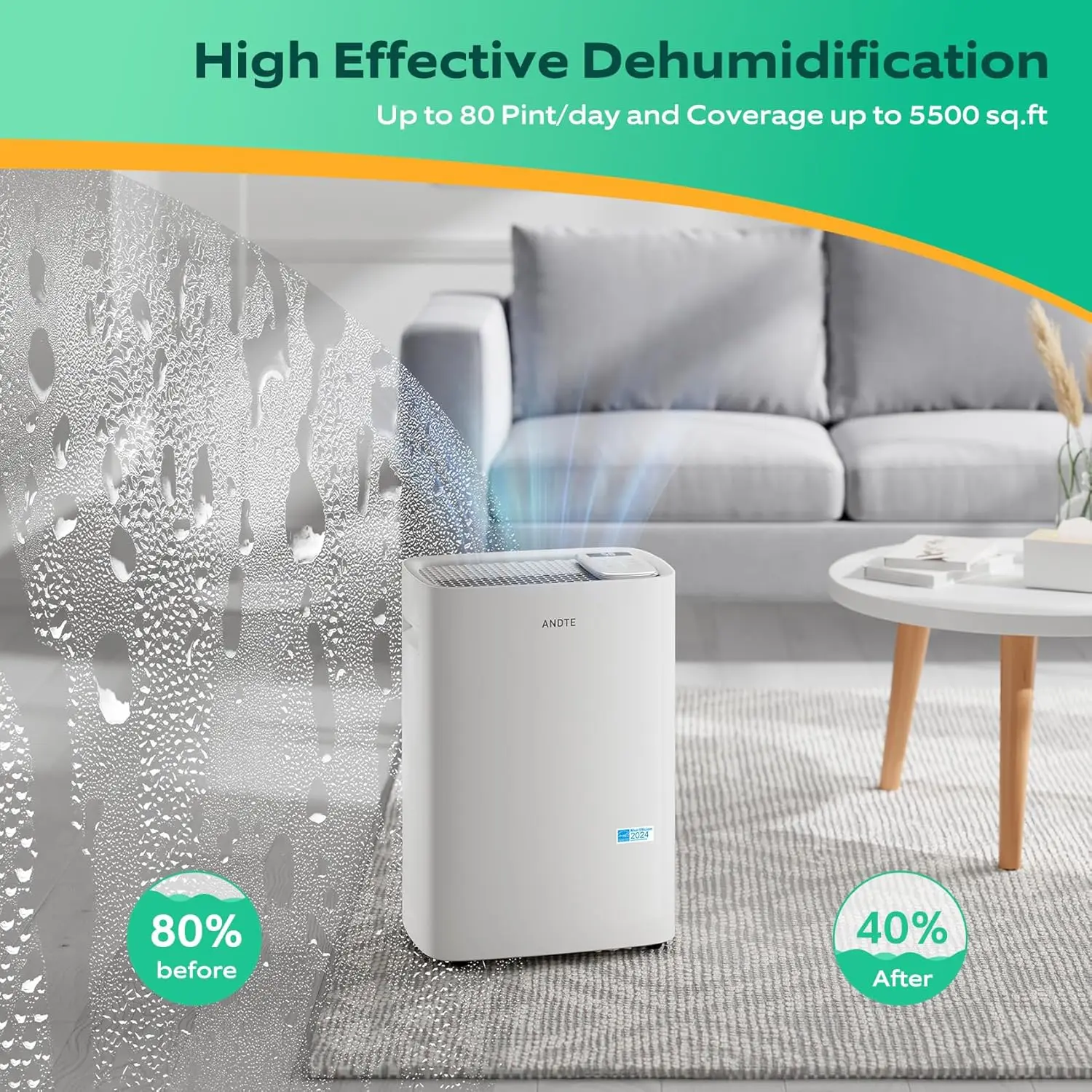 80    Star Dehumidifier, 5500 Sq.Ft Dehumidifier for Basement and Home, Large Room Dehumidifiers with Drain Hose &