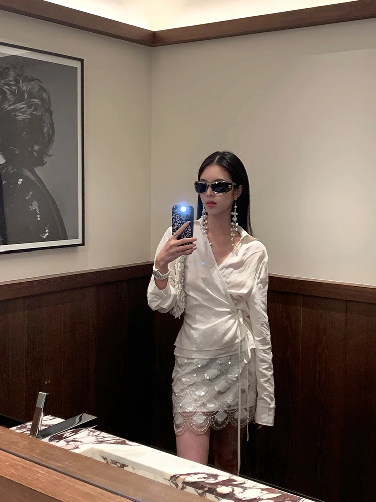 

Новинка 2025: Женская свободная дышащая модная блузка Ele White из хлопка и льна с длинным рукавом и V-образным вырезом