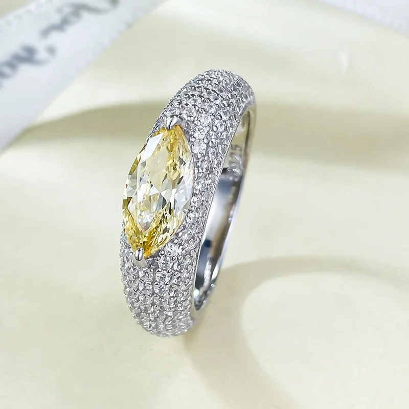 New 925 Silver Luxury Set with Full Diamond 5 * 10 Yellow Diamond Horse Eye Personalized Ring, Simple Daily Instagram Style