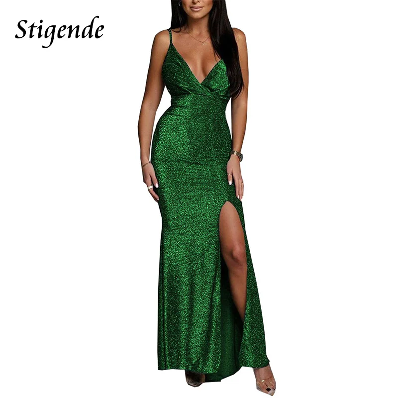 Stigende Women Spaghetti Strap Evening Party Dresses Sexy High Split Night Club Dress Summer Shiny Sleeveless Long Maxi Dress