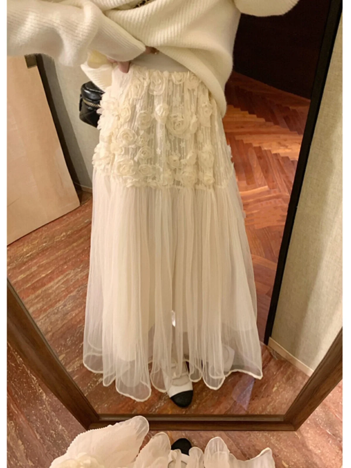 

3D Floral Lace A-Line Midi Skirt Women's High Waist Slimming Long Skirts Spring Season Korean Sle with Inner