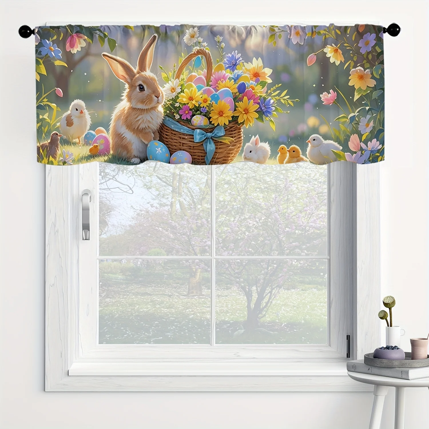 VIKAMA Oster-Küchenfenster-Deko Hasen-Osterei-Gardine mit Schlaufe Halbtransparenter Vorhang Frühlings-Heimparty-Dekoration
