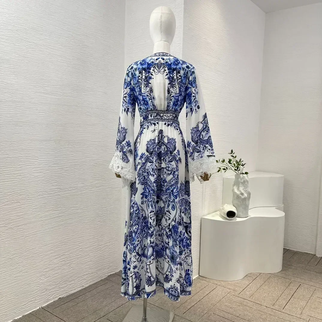 Silk Top Quality Blue Porcelain Print Flare Sleeve Diamonds Pressed Shirred Vintage 2024 Women Collection Midi Dresses