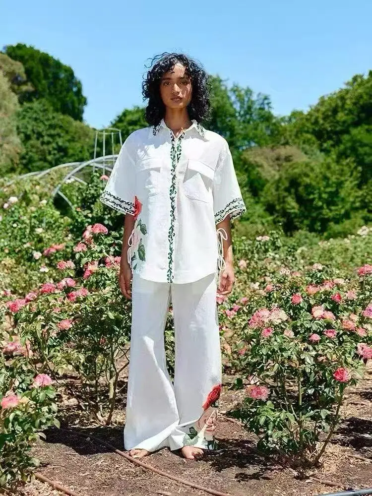 

Zim Home Australia 2026 New Summer Vacation Casual Cotton Linen Red Rose Print Shirt Wide Leg Pants Set Women's Fashion Ensemble