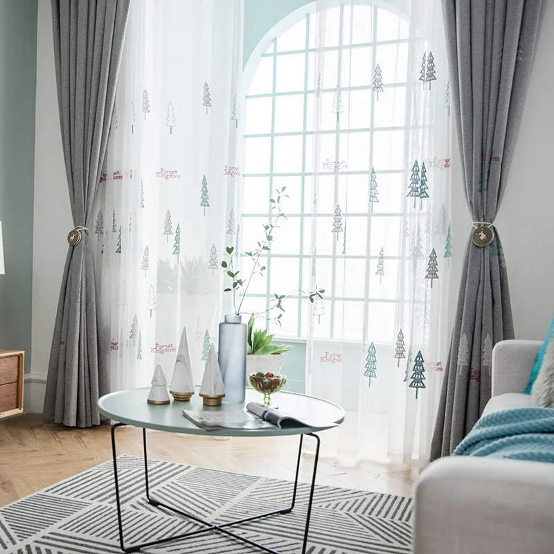 

Nordic style simple modern Christmas tree cotton linen embroidered curtains bedroom living room balcony shading cloth