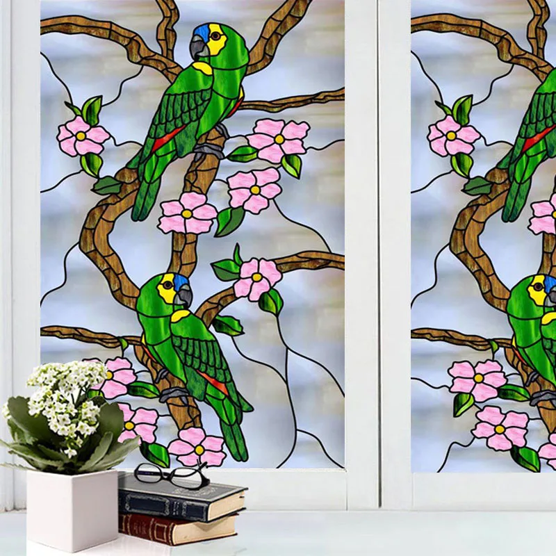 Frosted Privacy Window Film Custom Size Static Cling Stained Glass Decal for Bathroom Door, Bird Design Peacock Heron Owl