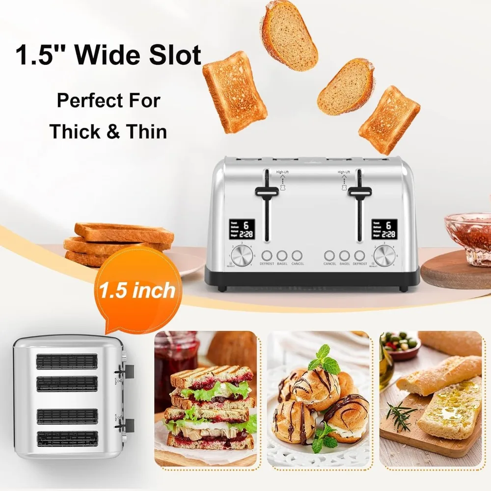 Toaster 4 Slice, Dual Control Panels With Independent Settings,Retro Stainless Steel Toater with Bagel (Silver)