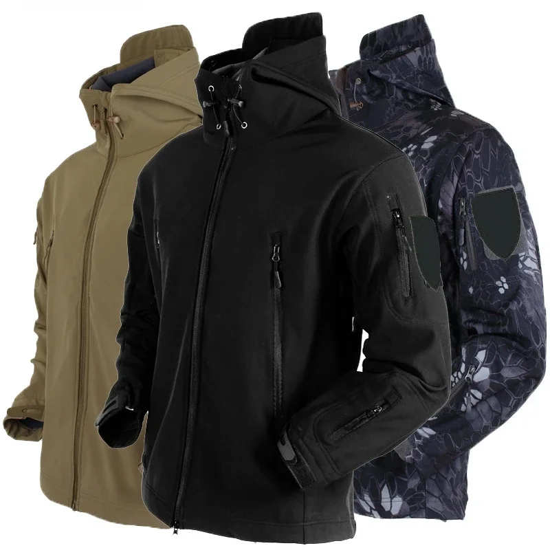 Men's Outdoor Windproof Training Jackets Shark Skin Soft Shell Tactical Jacket Rainproof Zipper Hooded Warm Outerwear Loose Coat