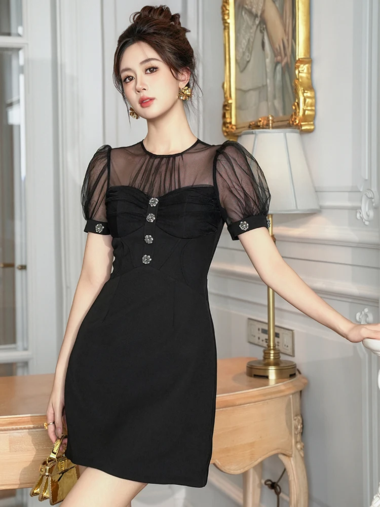 Fashion Elegant Black Short Dress for Women Sexy Chic See Through Mesh Splice Single Breasted Mini Gown Lady Party Daily Vestido