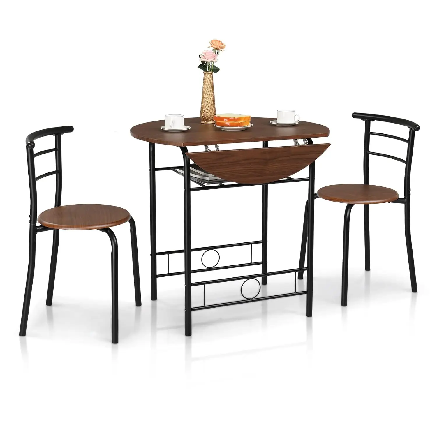 

31.5" Drop Leaf Table Set 2 Chairs Foldable Small Kitchen Dining, Black Brown, Customized