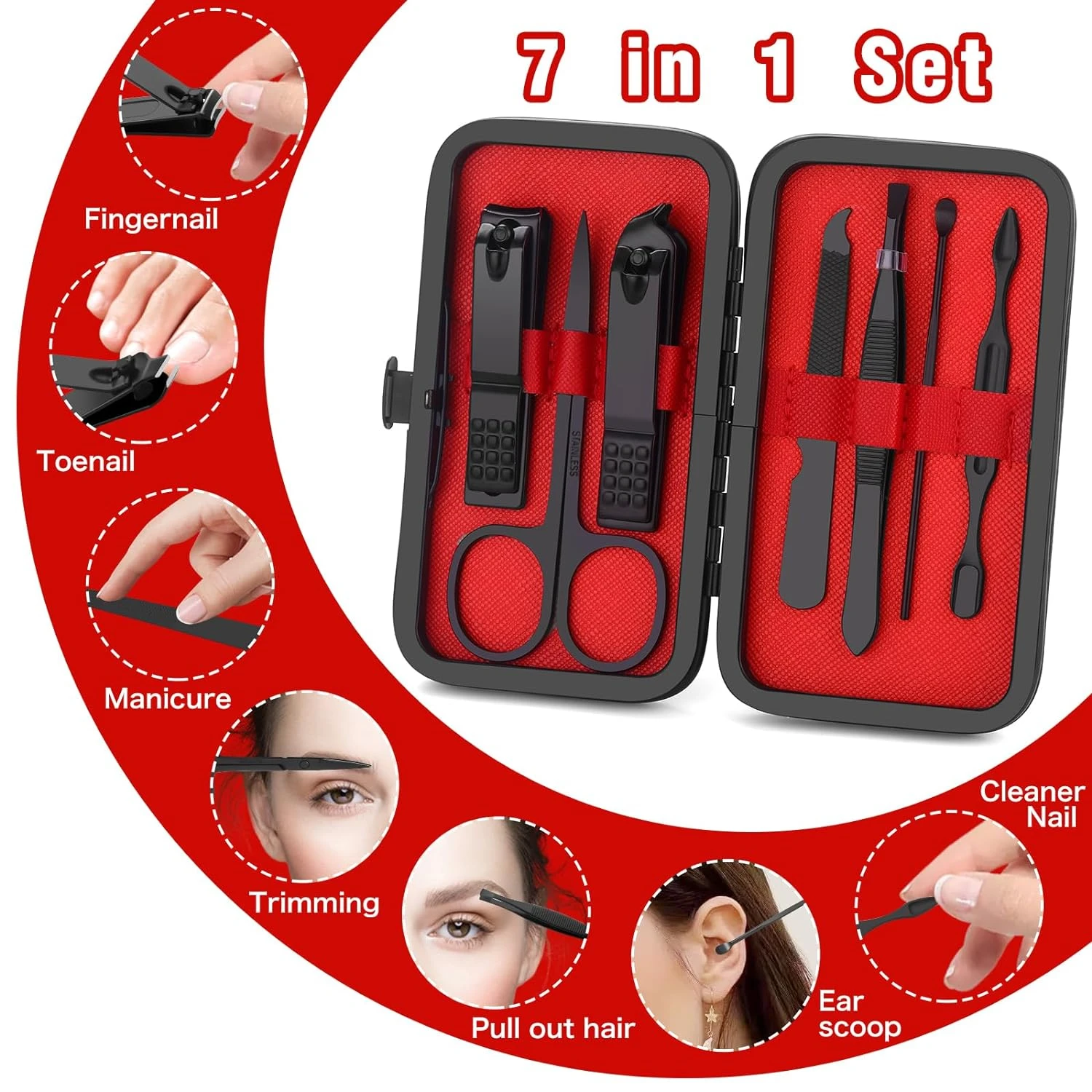 High-Quality, Stylish, Convenient Portable 7-Piece Leather Manicure Set for Mini Grooming - Nail Clippers & Beauty Tools - Perfe