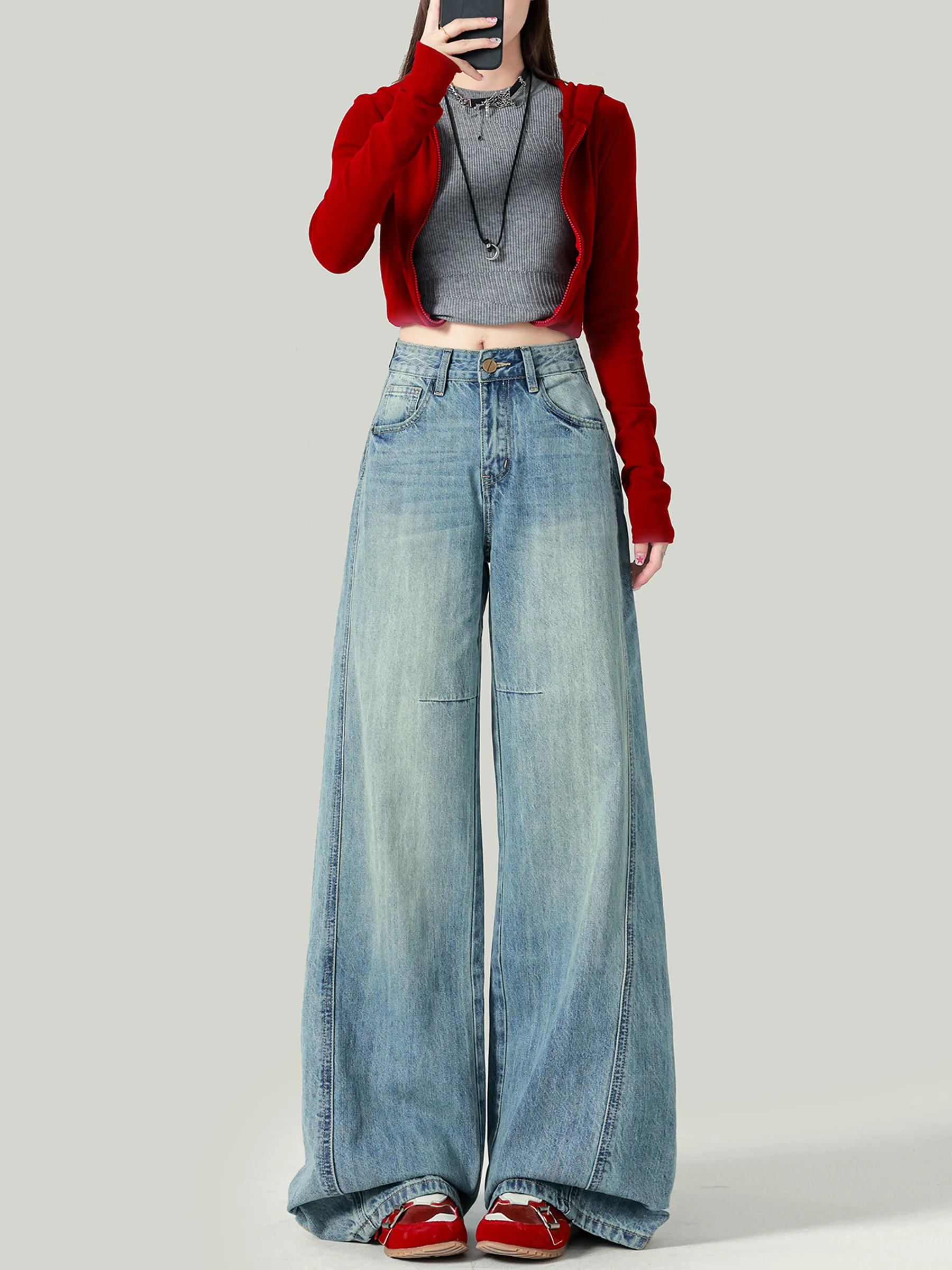 American Style High Waist Straight Leg Jeans Women Loose Fitting Slimming Floor Length Wide Leg Pants Casual Design