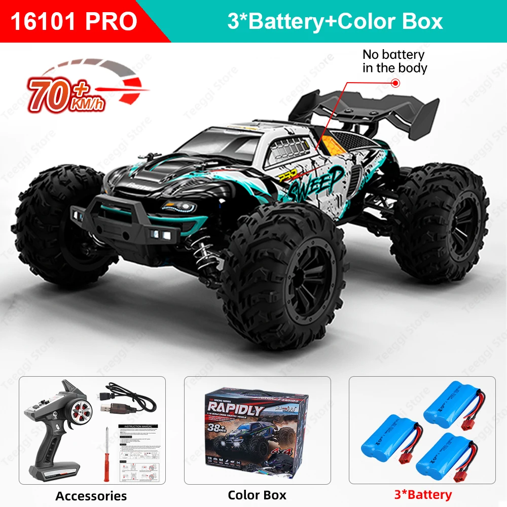 Teeggi 16101/16102 PRO 1:16 Hoge Snelheid RC Auto Met LED Licht Drift 70 KM/H 4WD RC Off-road Auto Monster Truck Speelgoed Voor Kid Geschenken