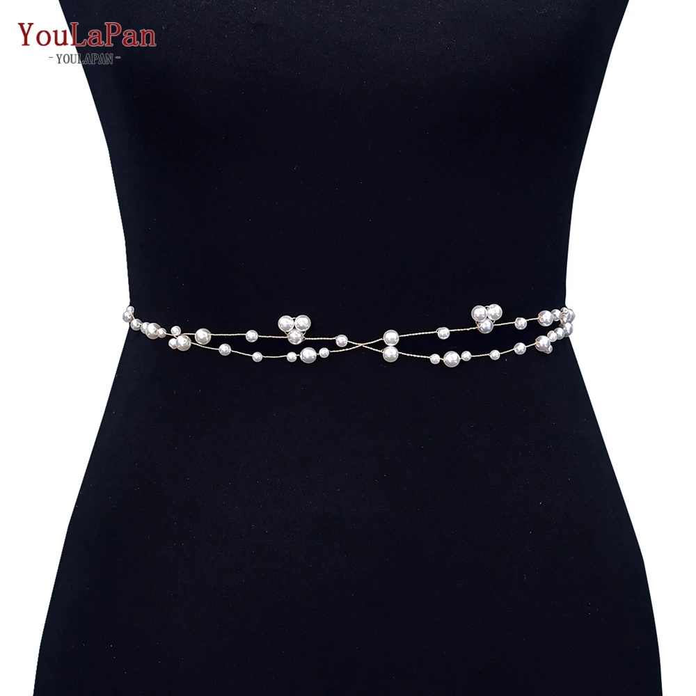 

YouLaPan Elegant Wedding Belt Pearls Bridal Sash Double Chain Belt Women Accessories Long Ribbon Belt Beaded Bride Belt SH36