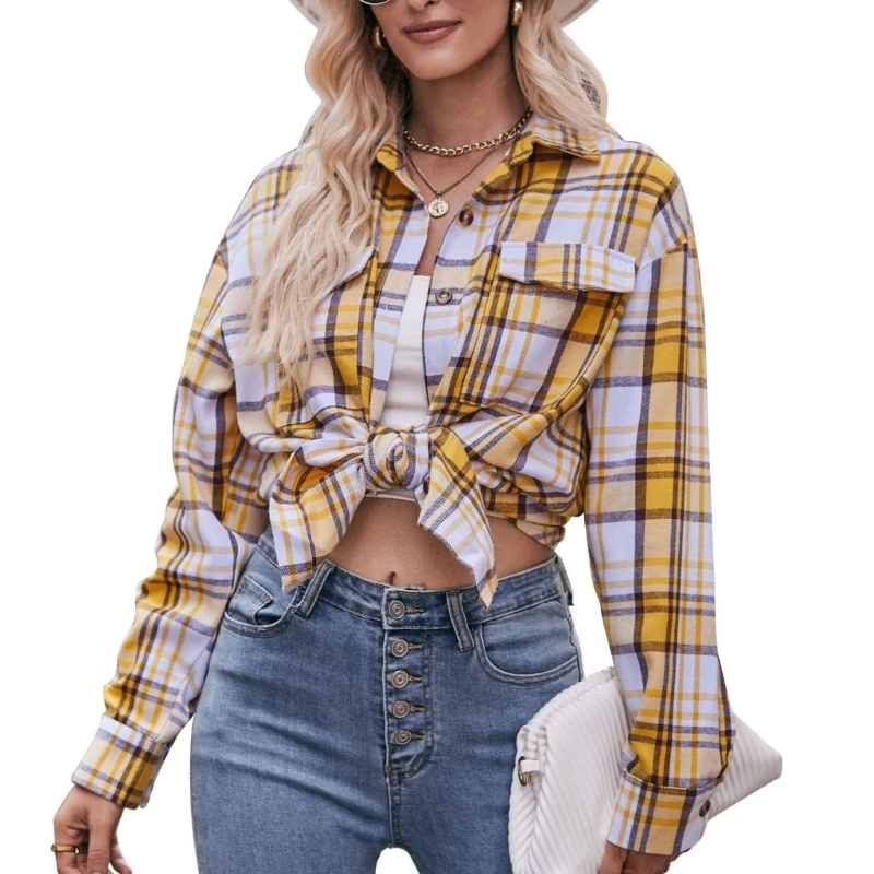 Womens Casual Long Sleeve Boyfriend Button Down Plaids Flannel Shirt Blouse Tops