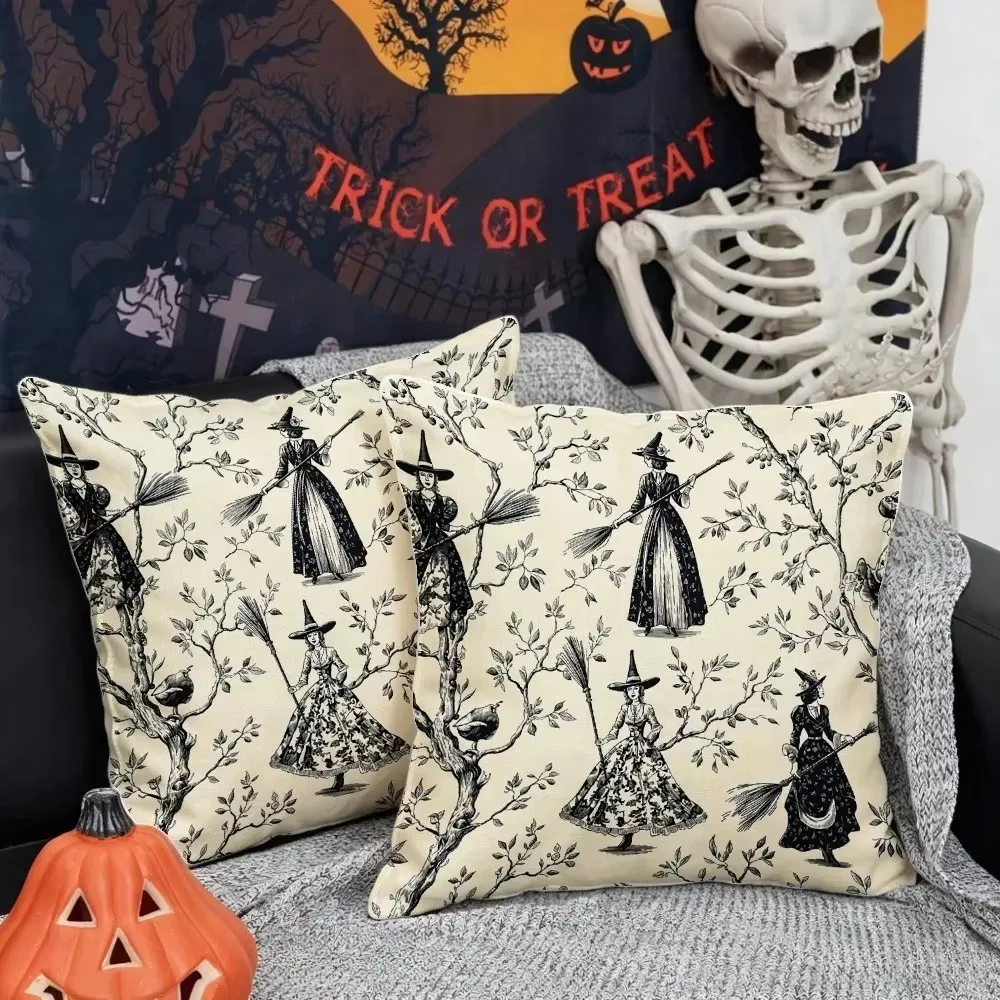 Halloween Vintage Witch Double Sided Cushion Cover, Polyester 2D Print Pillow for Sofa Living Room Home Decor Gift Present