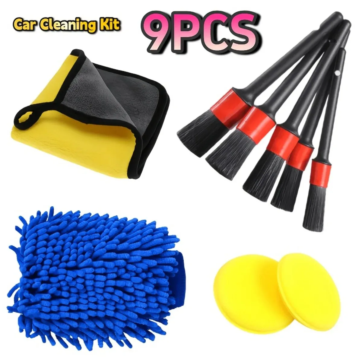9pcs/24pcs Car Cleaning Tool Set Hub Brush Wash Cloth Multi-Purpose Brush Nylon Gloves Polishing Sponge Uses For Car Care