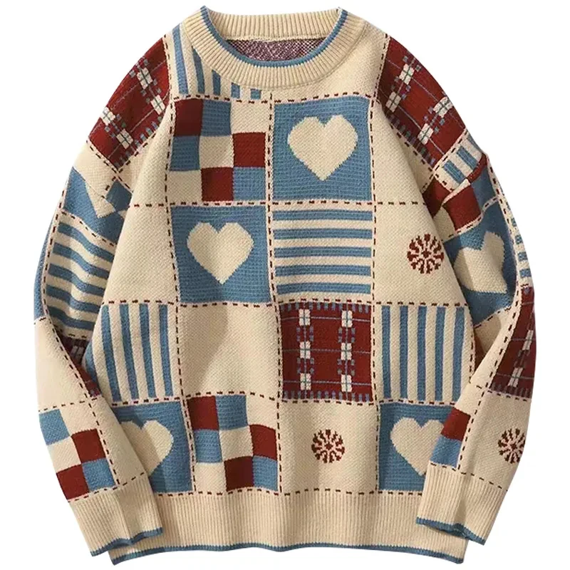 Vintage Sweater Women Plaid Love Knitwear Harajuku Oversized Print Knit Jumpers Streetwear Korean Heart Casual Pullovers Tops