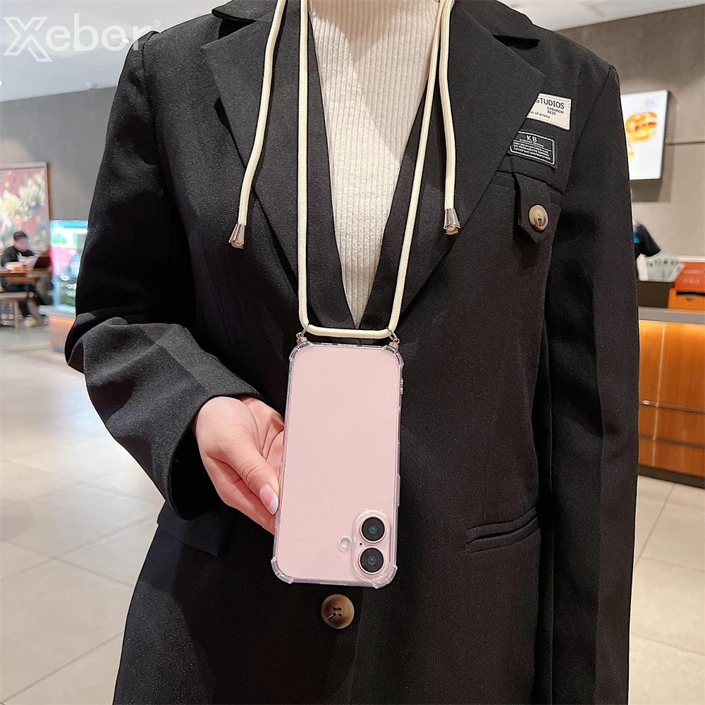 For iPhone 18 17 16 15 14 ProMax Crossbody Necklace Cord Lanyards Transparent Case For iPhone 11 12 13 Pro Max XS XR Soft Cover