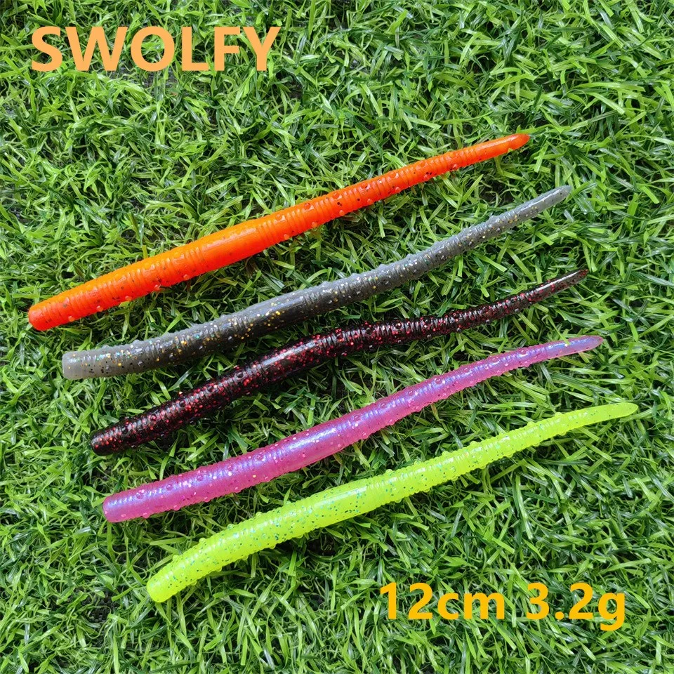 Swolfy 6pcs 12cm 3.2g Fishing Maggots Worm Lure Add Salt Screw Thread Soft Bait Grub Long Cast Artificial Lures