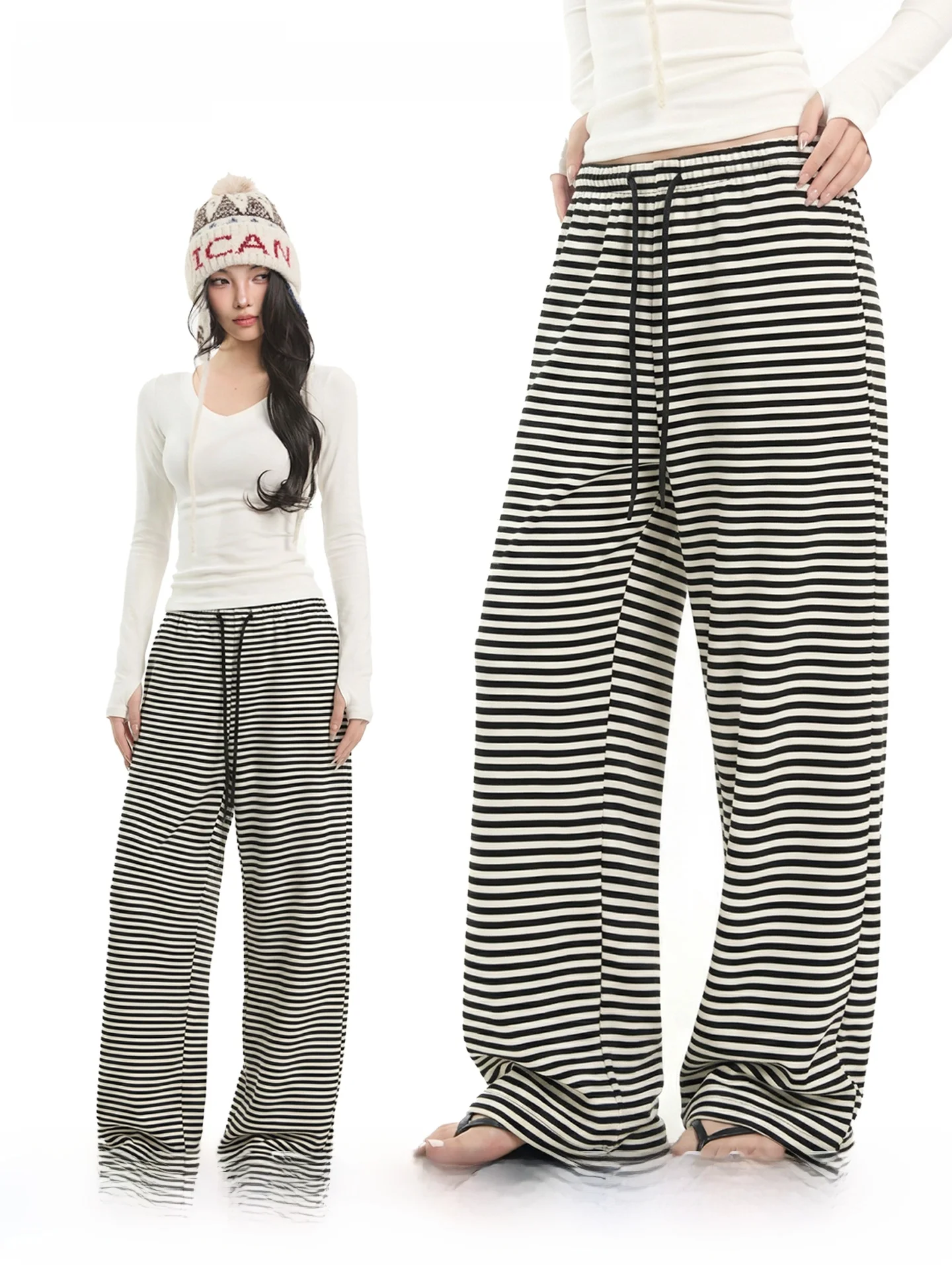 

UNCMHISEX Retro Striped Wide Leg Casual Pants Women Loose Dstring Loose Feel High Waist Long Trousers Commute Simple Wear ...