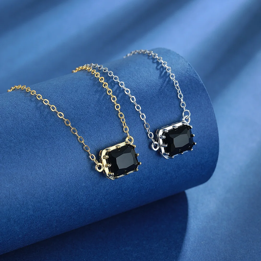 

925 Sterling Silver Simple Temperament Square Black Zircon Necklace Birthday Anniversary Wedding Party Gift