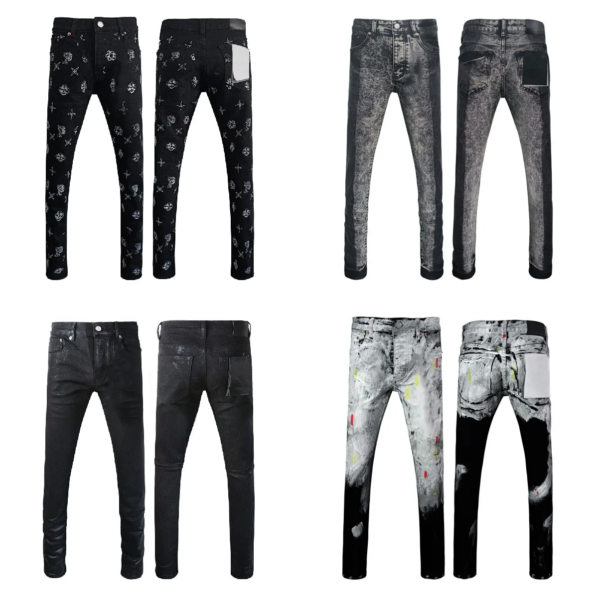 Pantalones vaqueros para hombre, moda americana, calle alta, lavado Retro, negro, tinta salpicada, estampado de grafiti, pantalones vaqueros ajustados elásticos de tiro bajo, pantalones de marca