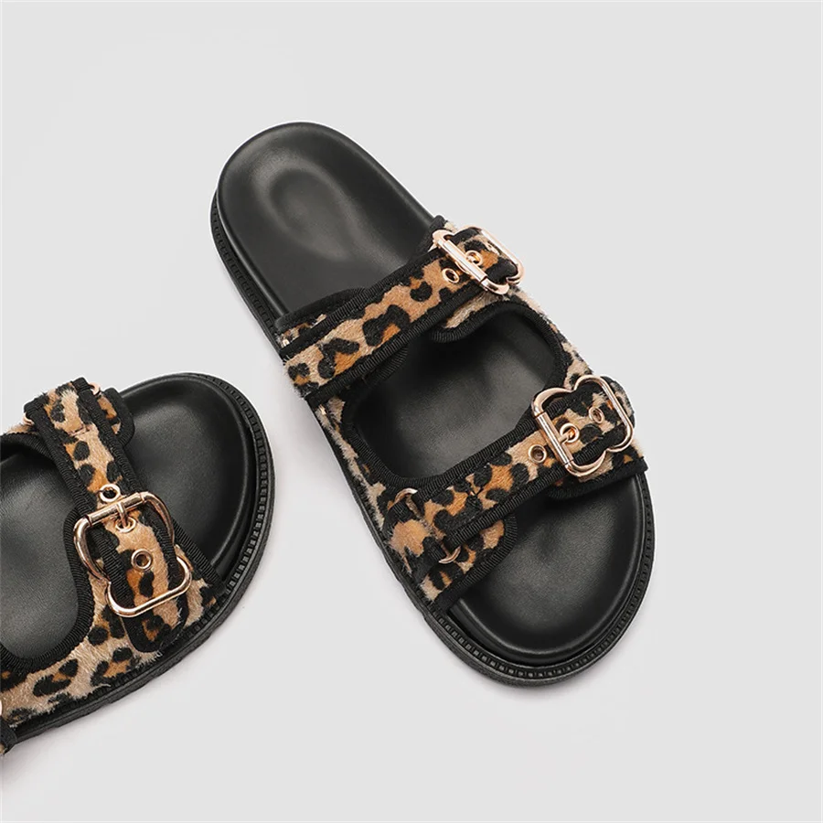 Fashion Leopard Print Women Slippers Summer Thick Sole Platform Sandals Buckles Ladies Horsehair Flat Beach Slides Big Size 43