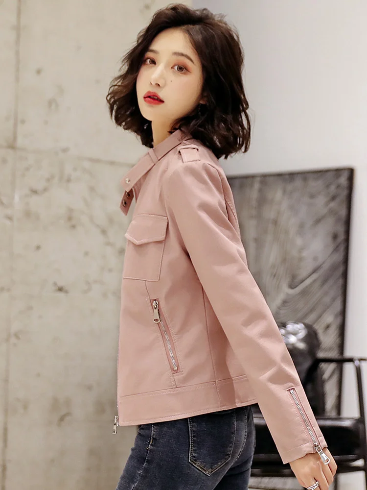 Pink Chic New Women Leather Jacket Spring Autumn Fashion Stand Collar Slim Short Sheepskin Jacket Split Leather Biker Outerwear