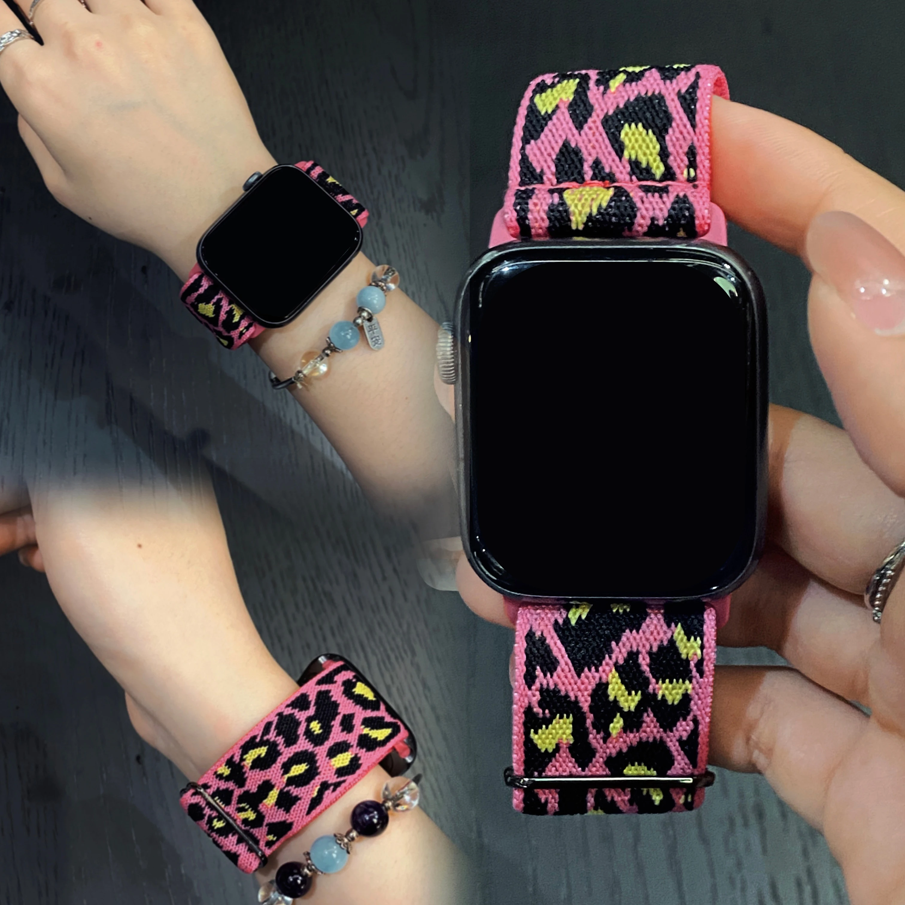 Stretchy Nylon Band for Apple Watch 38-49mm, Adjustable Leopard Strap for iWatch Series 10-2/SE/Ultra 2