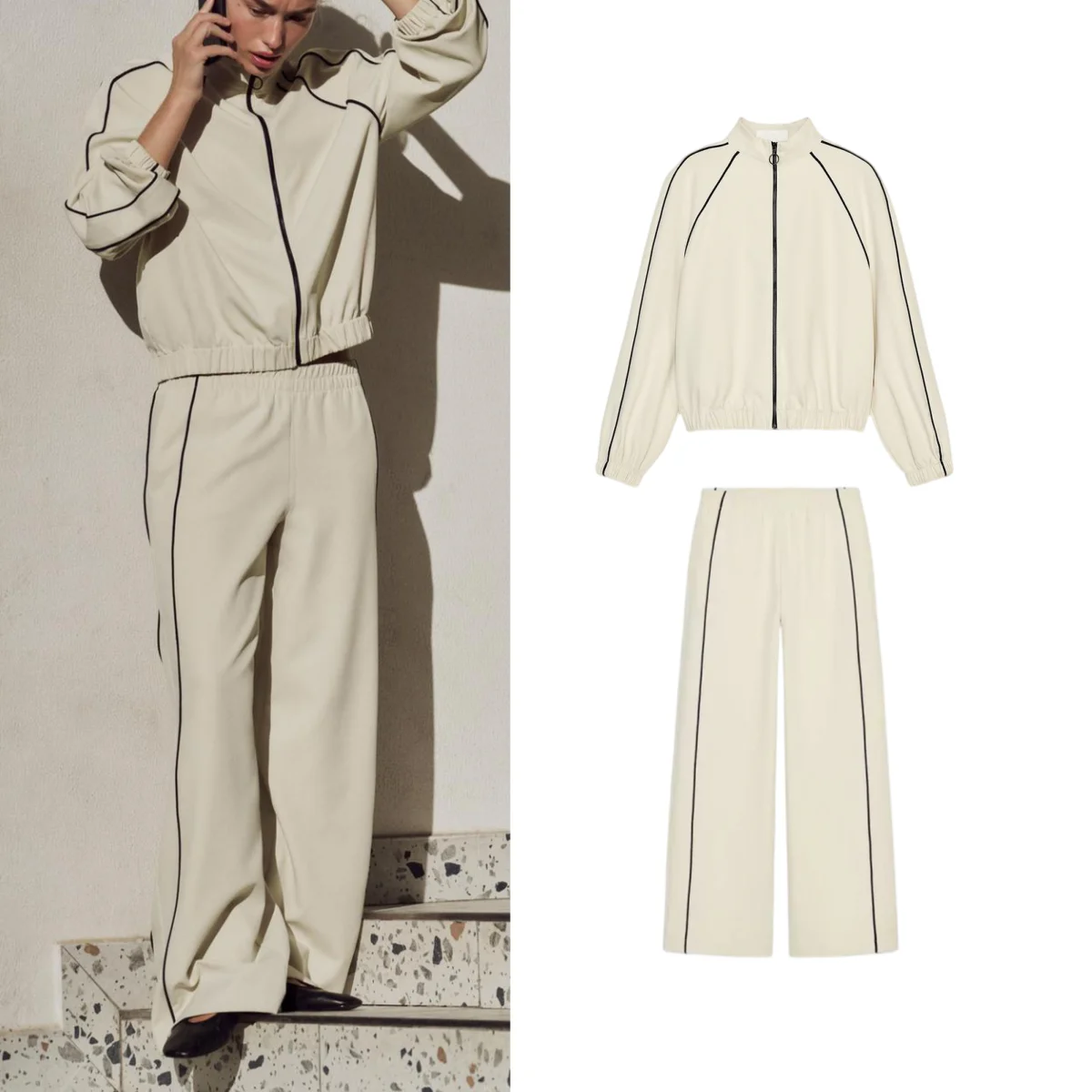 Spring Wide Leg Casual Pants Jacket Outerwear Pilot Style Color Block Trim Spring Season Women's Long Sleeve Stand Collar Set