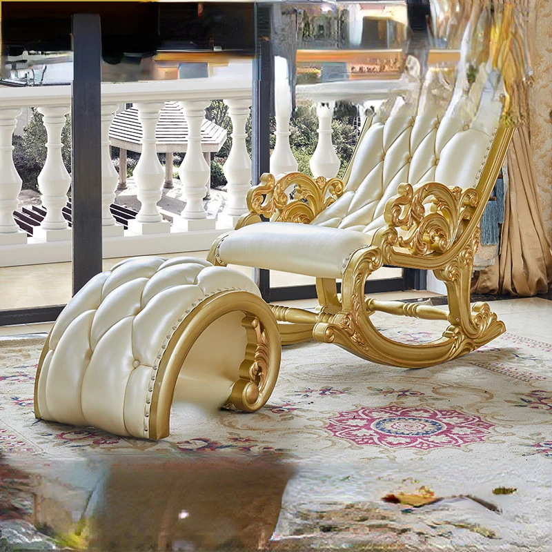 Top layer cowhide rocking chair, lounge chair, full solid wood carving, floral champagne gold combination furniture