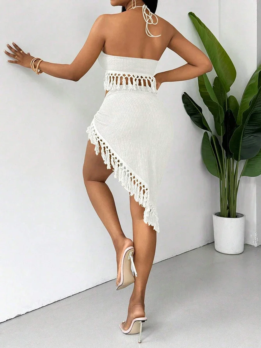 Costume da bagno donna bikini sexy con nappe 2025 Costumi da bagno 2 pezzi Abiti femminili Halter Top Gonna a fessura alta Set Costumi da bagno Costumi da bagno