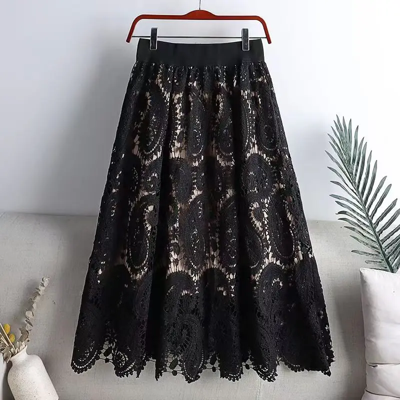 Vintage Fashion Crochet Lace Skirt Women's Spring Summer Korean Hollow Elastic High Waist Pleated Solid A Line Midi Party Skirts