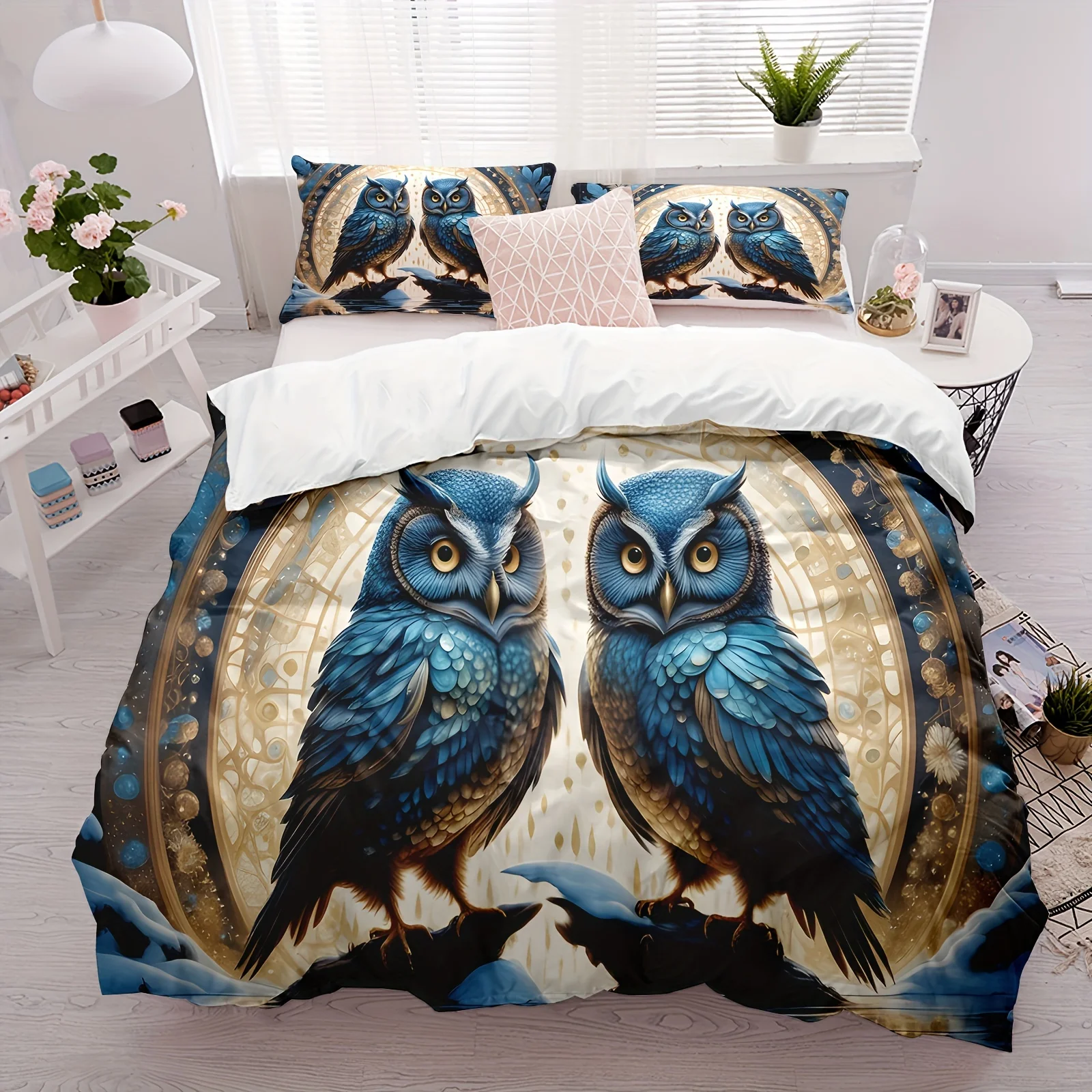 

Duvet Cover Set (1*Duvet Cover + 2*Pillowcase) Owl Print Bedding Set Soft Comfortable And Breathable Duvet Cover For Bedroom