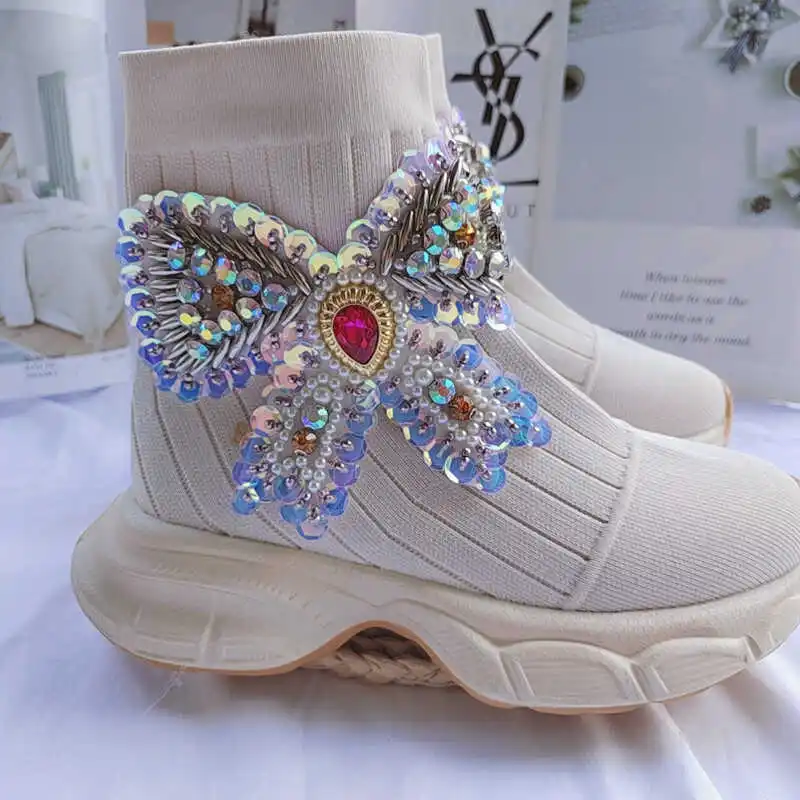 Fashion Elastic Sock Boots Sneakers Women Platform Casual Thick Bottom Shoes Bling Rhinestones Tennis Shoes Female