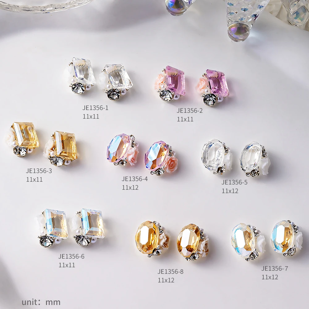 10pcs Luxury Transparent Nail Rhinestones Aurora Glass Square Crystal Rose Nail Charms Diamond Piles Nail Oval Sparkling Stones