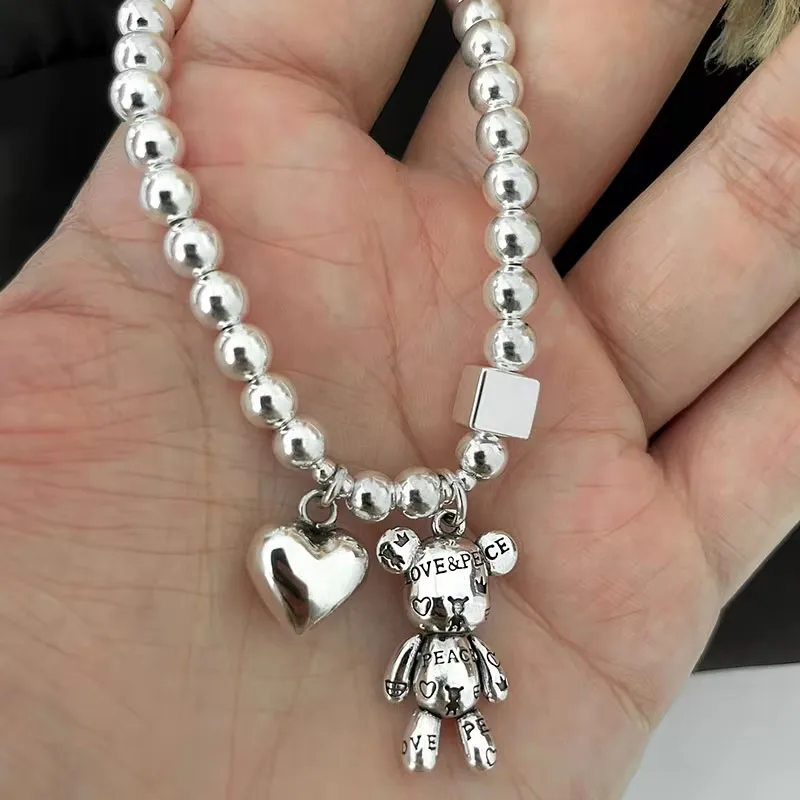 

925 Sterling Silver Bracelets for Women String of Beads Accessories Trend Vintage Simple Cute Bear Pendant Party Jewelry