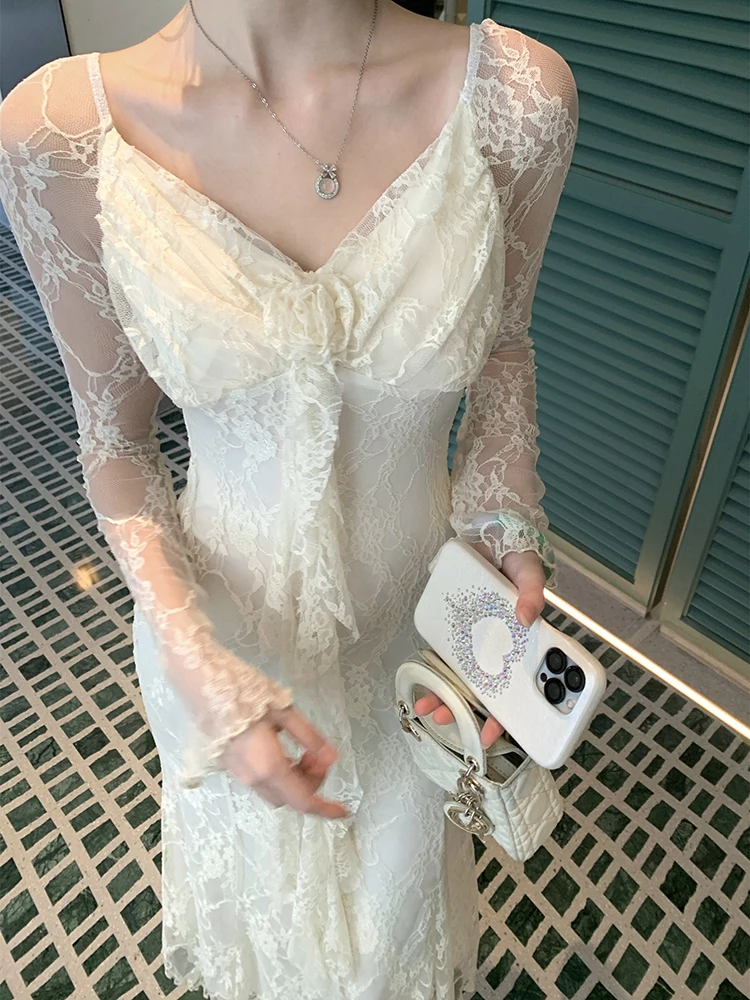 Otoño blanco encaje Jacquard manga larga con cuello en V vestido largo Sexy 2025 vestido de fiesta de lujo coreano mujeres elegante vestido de noche ajustado