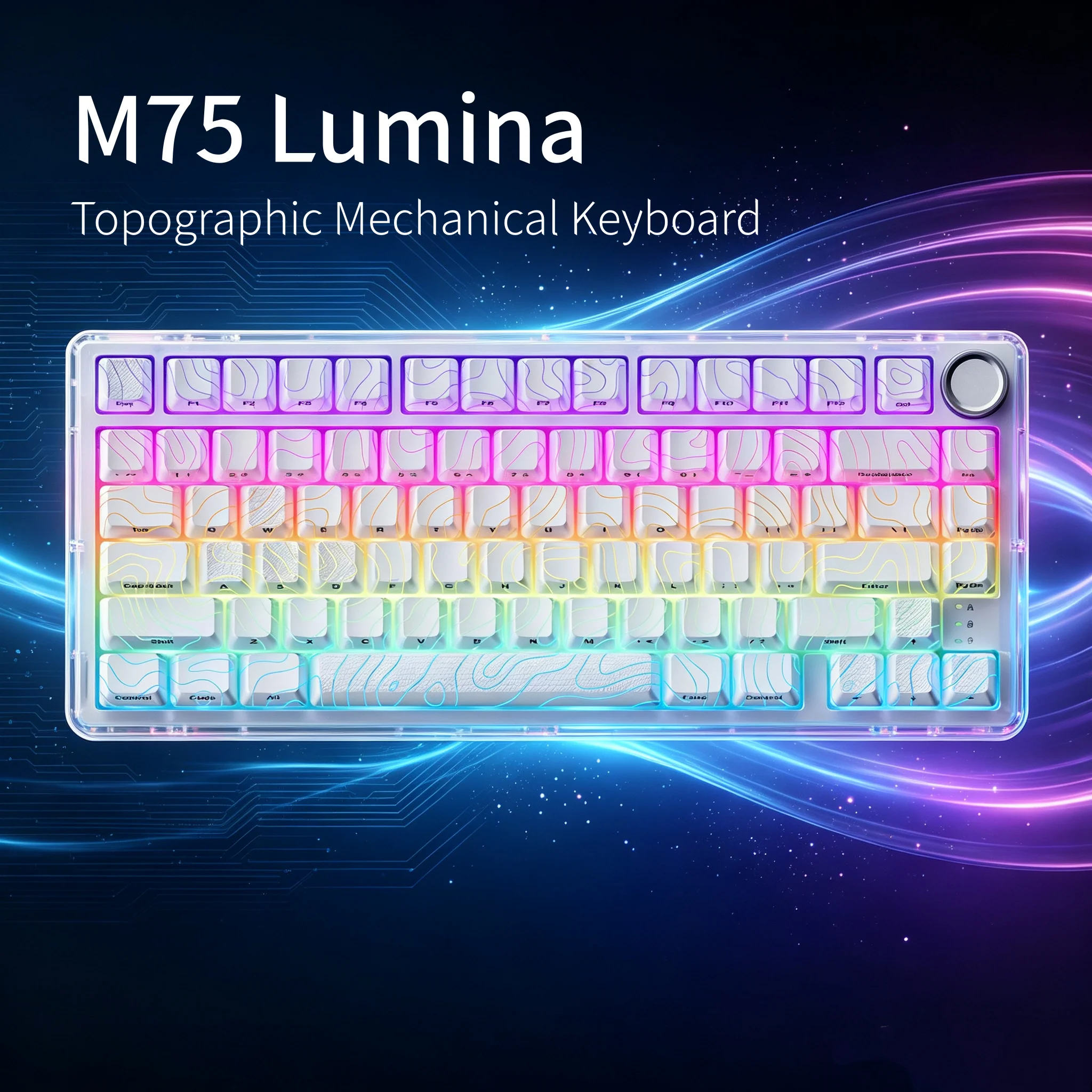 

XVX M75 Lumina Topographic Themed 75% Tri-Mode RGB Keyboard with Knob Black/White Transparent Keyboard with Carbon Keycaps