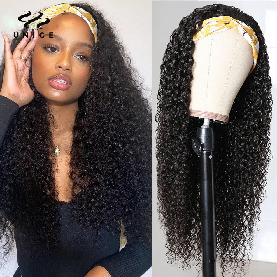 Unice Hair Velvet Headband Wig 8-26Inch Mongolian Kinky Curly Wig 100% Human Hair Natural Curly Headband Wig for Women