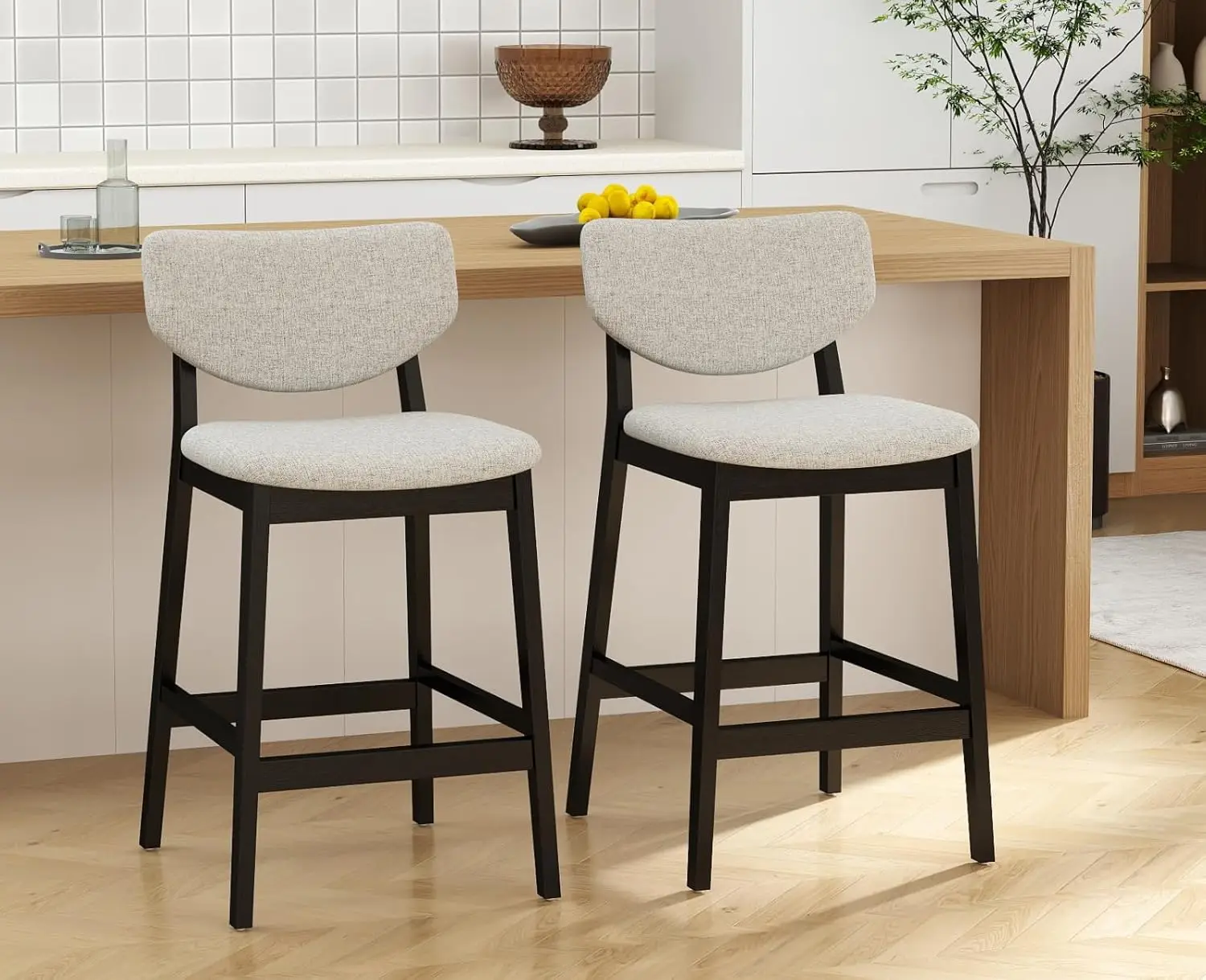 

Барные стулья из льняной ткани с высокой спинкой, черная деревянная рама, набор для кухни/столовой, 2 шт., на заказ