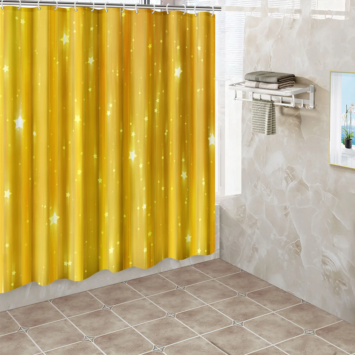 1pc Yellow Meteor Shower Curtain Bathroom Partition Decorative Curtain Machine Washable Meteor Print Window Privacy Curtain